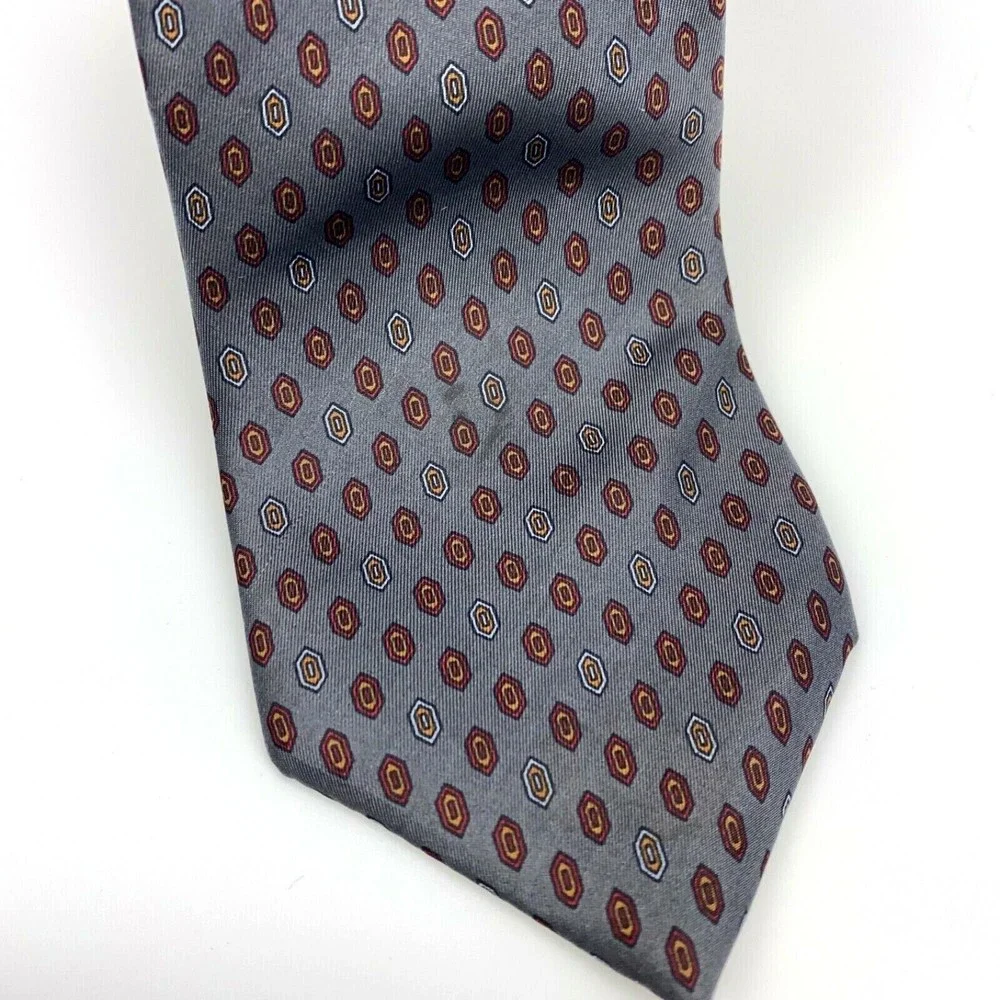 LANVIN Tie Geometric Gray Burgundy Blue White Orange Silk Mens Vintage Necktie